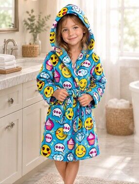 Emoji Plush Hooded Fleece Bathrobe Girls XS 4 Blue Smiley Robe Cozy Pajama Wrap
